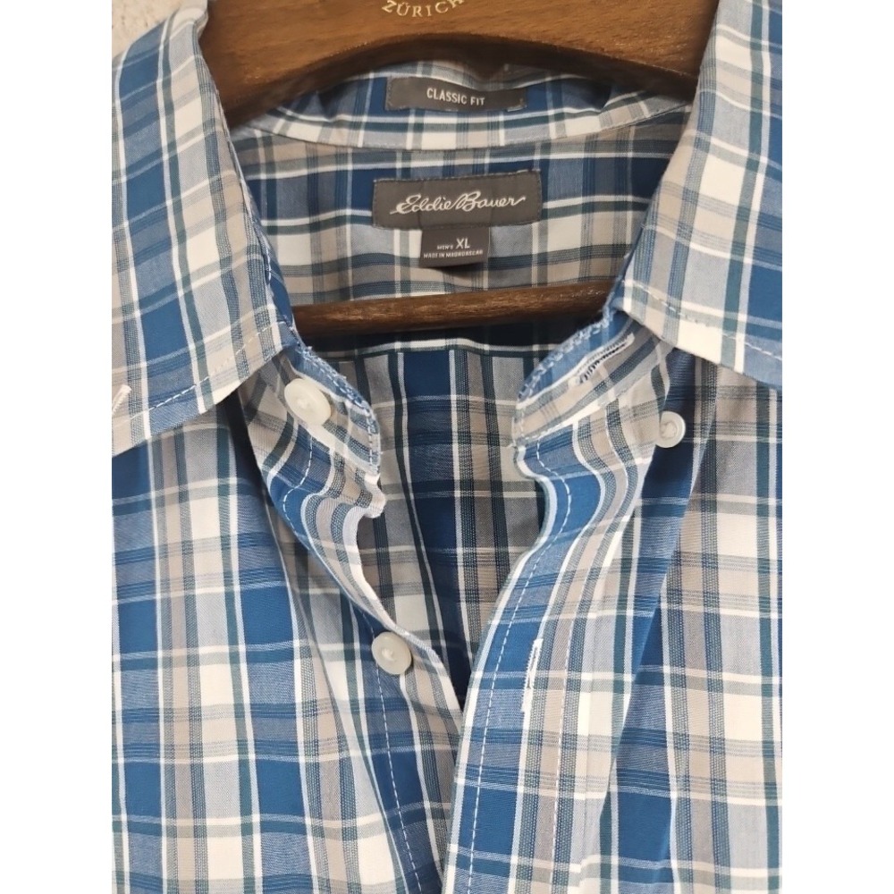 Men's Eddie Bauer Navy Khaki Plaid Shirt XL Long Sleeve Fall Casual Classic Fit